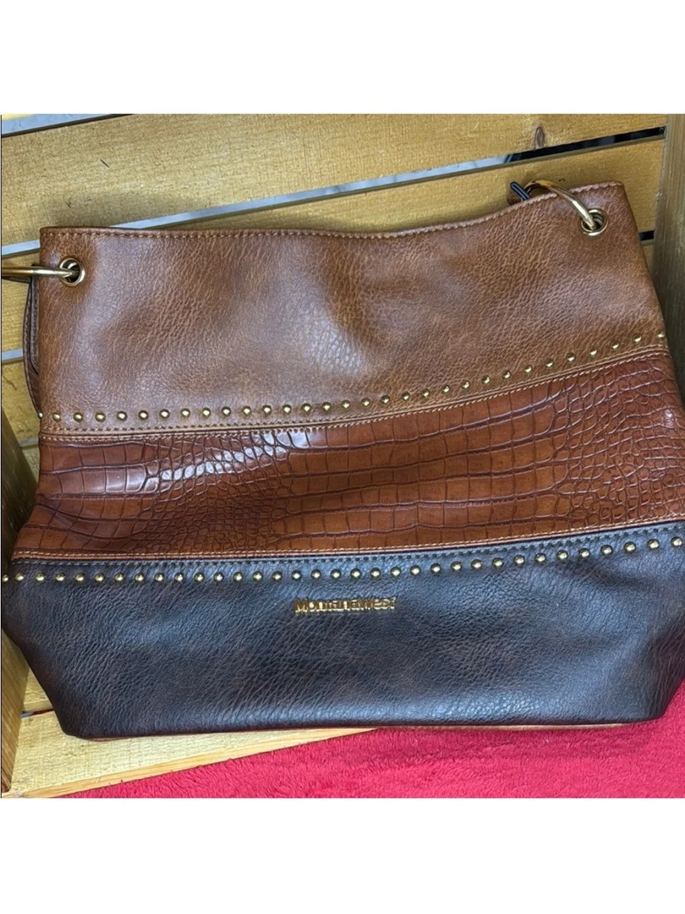 Montana West Two-Tone Brown Leather & Croc-Embossed Shoulder Bag with Gold Studs